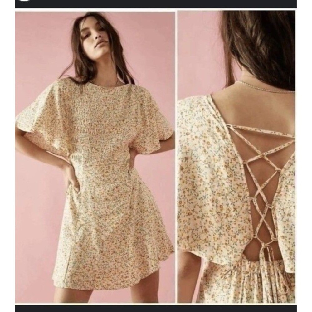 Free People Women Florence Mini Dress Floral Lace Up Fairy Whimsy Cottage Boho S